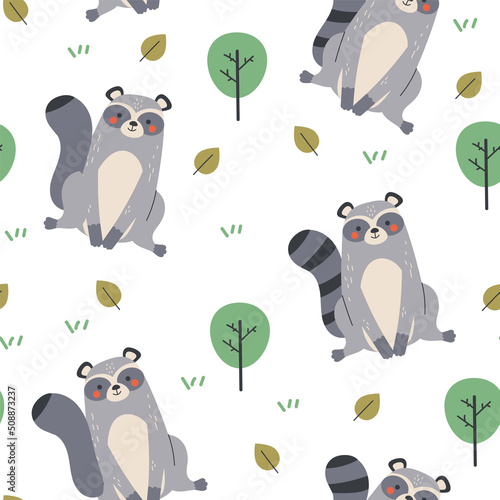 Raccoon forest animal seamless wrapping cover pattern. Vector flat cartoon graphic design illustration