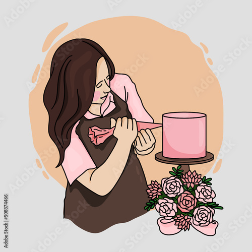 simple woman cooking and bake for decoration bakery cake 