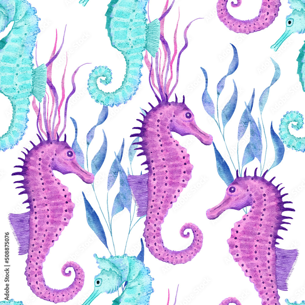 Watercolor hand drawn seamless pattern with underwater marine nautical animals shells fish. Purple blue seahorse seaweed jellyfish, ocean sea summer vacation beach background, turquoise fabric print. Watercolor hand drawn seamless pattern with underwater marine nautical animals shells fish. Purple blue seahorse seaweed jellyfish, ocean sea summer vacation beach background, turquoise fabric print.