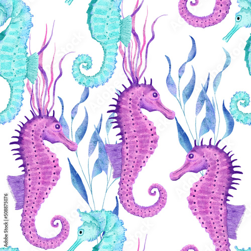 Watercolor hand drawn seamless pattern with underwater marine nautical animals shells fish. Purple blue seahorse seaweed jellyfish, ocean sea summer vacation beach background, turquoise fabric print.