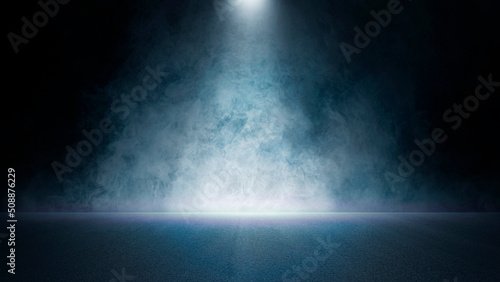 The dark stage shows  empty dark blue scene background  neon light  and spotlights The asphalt floor and studio room with smoke float up the interior texture for display products.