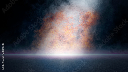 Print op canvas Abstract light in a dark empty street and the flame is burning with smoke floating up background scene of empty night view