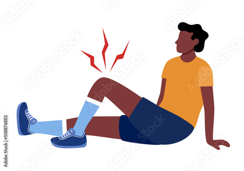 Sporty man football player with leg pain in flat design on white background. Physical injury.