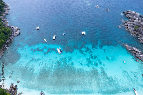 High angle view of the island, Andaman sea, beach and bed where the sea has blue water,