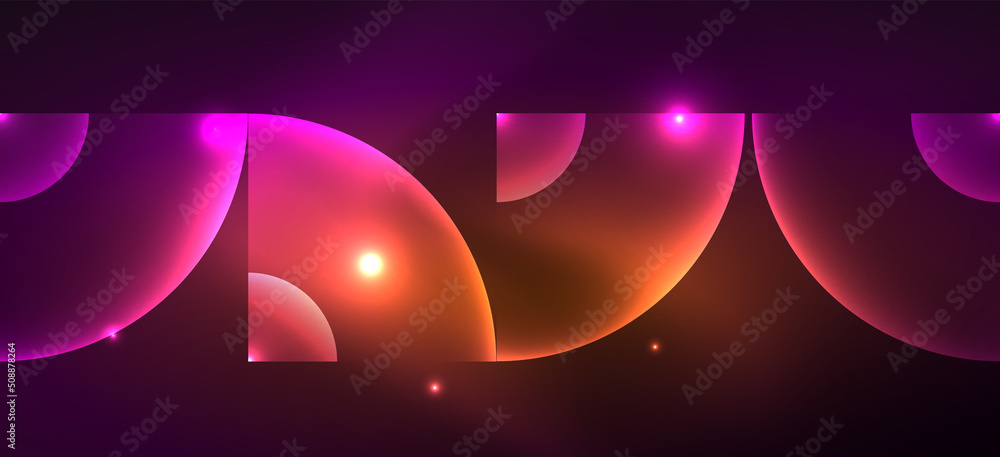 Shiny neon geometric abstract background. Glowing lights on round shapes, triangles and circles. Wallpaper for concept of AI technology, blockchain, communication, 5G, science, business Shiny neon geometric abstract background. Glowing lights on round shapes, triangles and circles. Wallpaper for concept of AI technology, blockchain, communication, 5G, science, business
