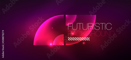 Shiny neon geometric abstract background. Glowing lights on round shapes, triangles and circles. Wallpaper for concept of AI technology, blockchain, communication, 5G, science, business
