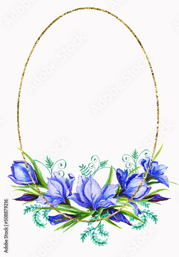 Watercolor frame gold bouquets of iris flowers    the petals are blue viol flower  iris   textet shades with green stems. Suitable for the design of greeting cards  invitations wedding and baby shower
