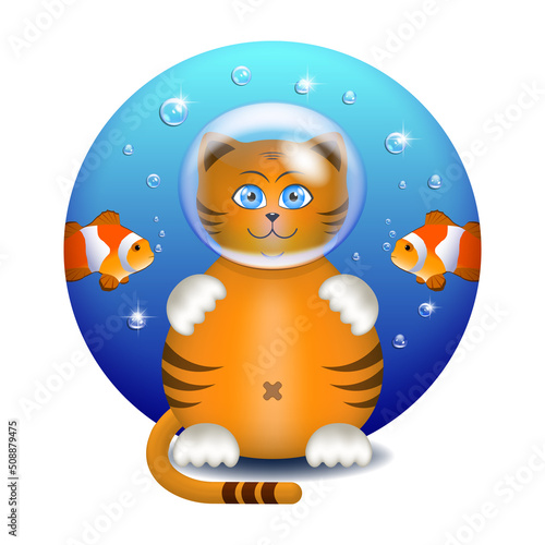 Vector cartoon cute ginger cat diver in a transparent glass bowl on the background of a blue circle with bright drops and clownfishes photo