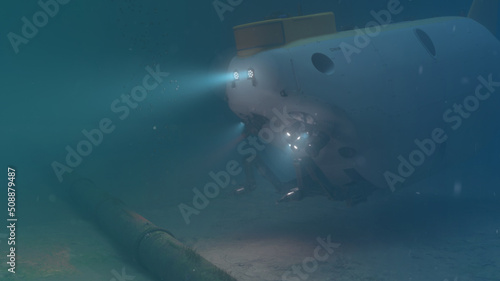 Deep Sea Pipeline Inspection via Submersible, 3D Rendered photo