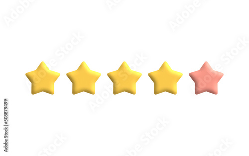 Five stars, glossy yellow and pink colors. Customer rating feedback concept from the client about employee of website. Realistic 3d design of the object. For mobile applications. Vector illustration