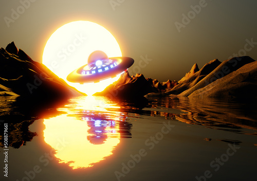 UFO flying saucer 3D graphic desgin desolate planet sunset illustration