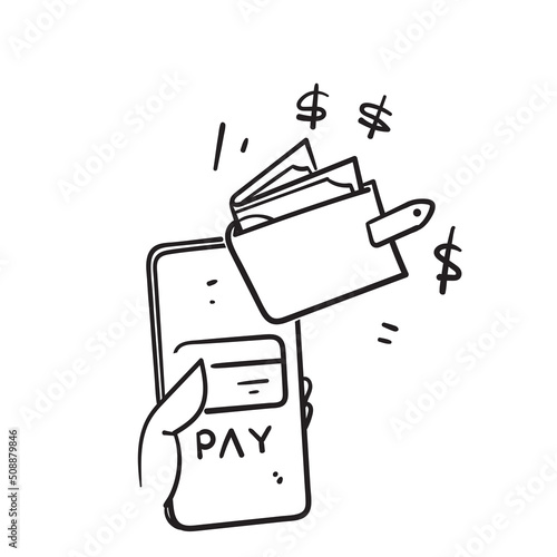 hand drawn doodle mobile payment with smartphone illustration vector isolated