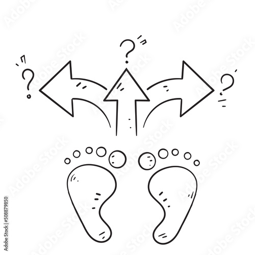 hand drawn doodle foot print with choice direction arrow icon illustration