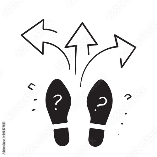 hand drawn doodle foot print with choice direction arrow icon illustration