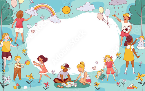 Kindergarten. Cute summer frame with funny children. Happy boys and girls playing outdoors on playground. Kids in park. Cartoon poster, hand drawn banner. Vector advertising background