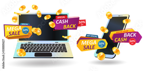 Cash back label. Smartphone and computer with logo offer win. Profitable shopping. Laptop and mobile. Sale promotion flyer. Money refund tags. Bonus to customer. Vector prize banners set