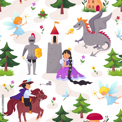 Medieval characters pattern. Cartoon print with fairytale prince and princess. Magician castle. Witch and dragon. Fantasy kingdom. Knight and enchantress. Vector seamless background