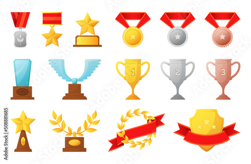 Victory cup set. Golden graphic elements, award win objects. Gold, silver or bronze medals. Triumph shield with ribbon. Tournament rewards, vector first place symbol, champion prize