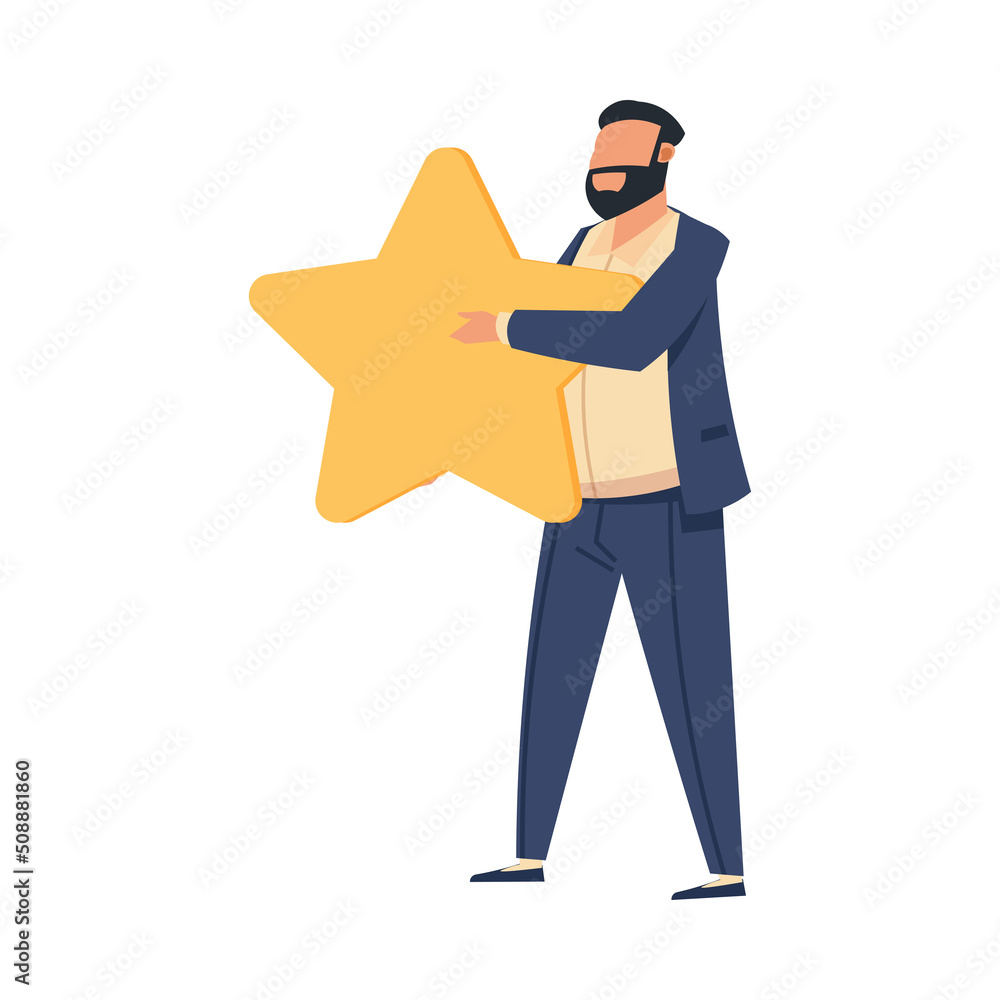 Customer rating. People with stars. Clients satisfaction and experience. Service evaluation ranking. Standing man with yellow grade mark. Vector consumers review and feedback concept