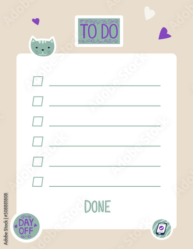 Planner sticker. To do list. Blank checklist page design. Cartoon diary and notebook sheet. Journal marks. Tasks planning. Memo note. Agenda and reminder. Vector trendy organizer paper