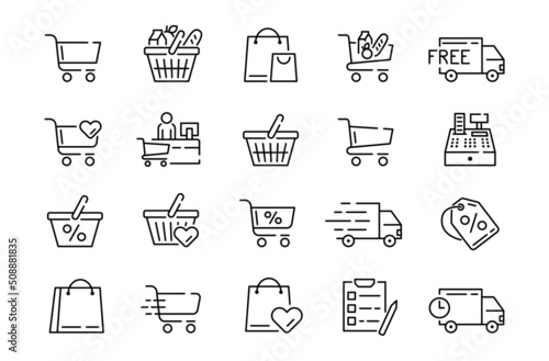 Supermarket shop icons. Shopping line pictograms. Store trolley. Cart and basket. Purchase bags. Cashier and merchant. Discount price tag. Free delivery truck. Vector outline signs set