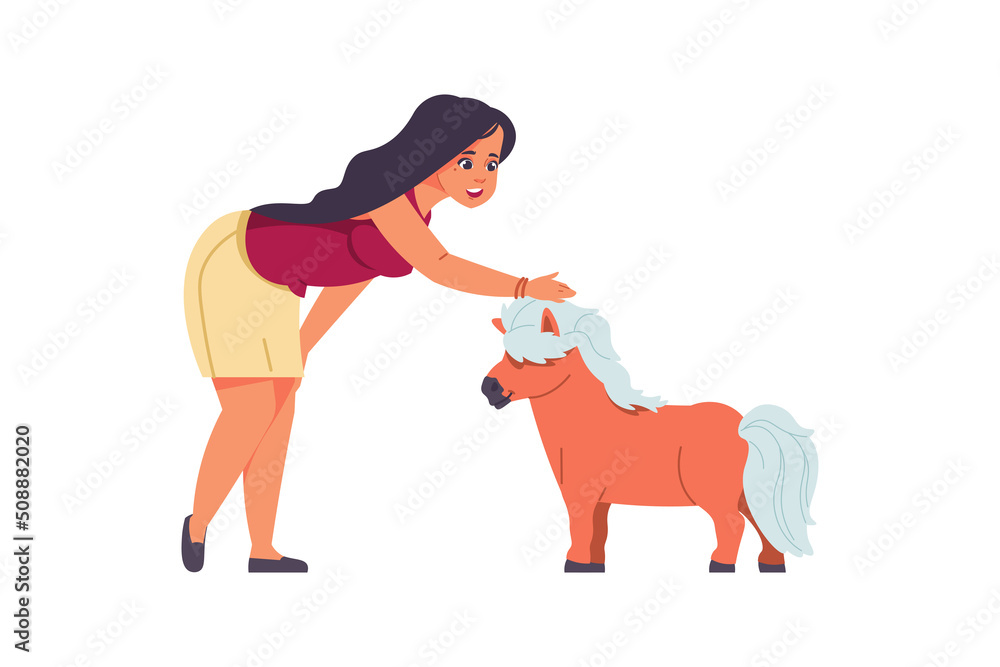 Adopted pets. People taking animals from vet clinics and dog shelter. Happy character petting little pony. Woman with mini horse. Equine breed. Vector female caring of domestic mammal