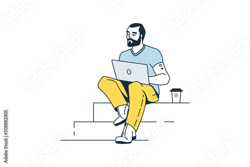 Work with laptop. People working at home. Freelance characters in comfortable conditions. Remote job. Male sitting on stairs and using computer. Coffee cup. Vector self employed man