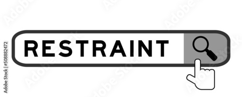Search banner in word restraint with hand over magnifier icon on white background