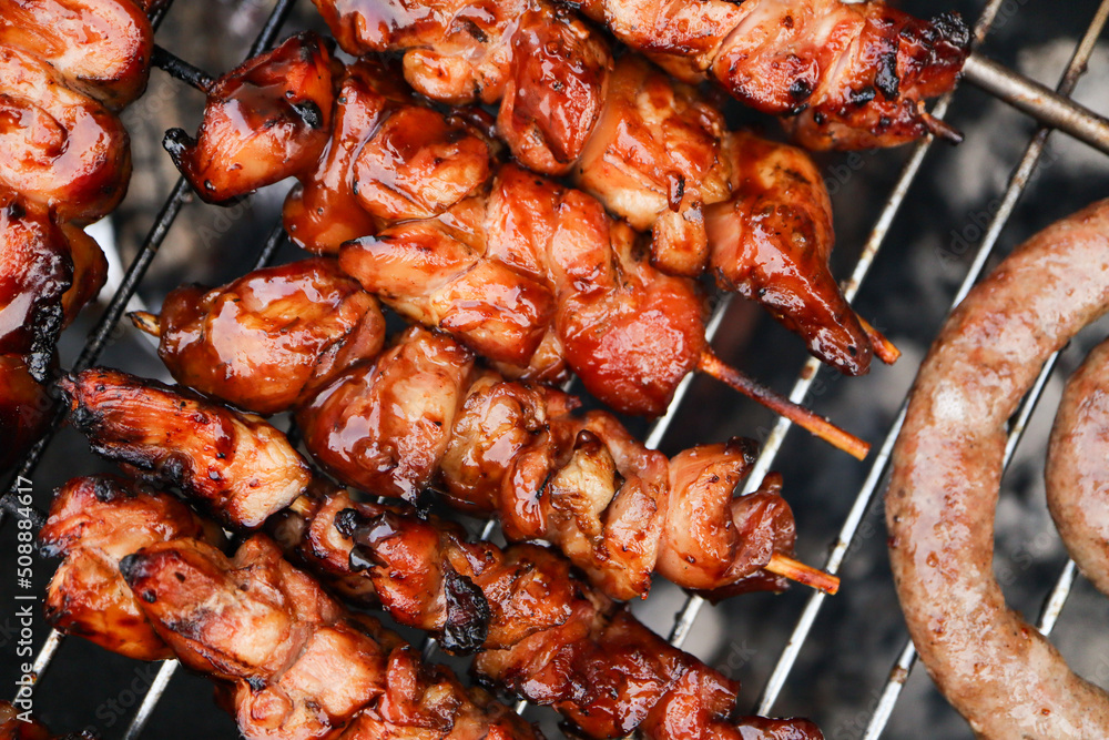 meat on the grill. South African braai with boerewors and chicken kebabs
