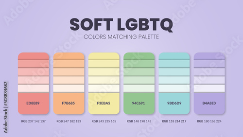 LGBTQ pride color palettes or color schemes are trend combinations and palette guides this year; table color shades in RGB or HEX. A color swatch for a queer rainbow fashion, home, or interior design