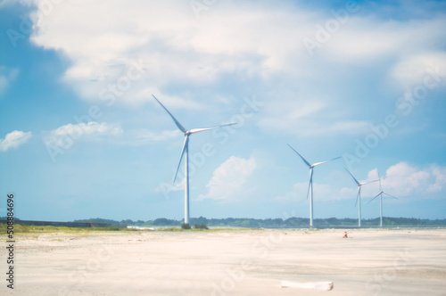 Japanese coast with wind power generation facilities