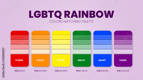 LGBTQ pride color palettes or color schemes are trend combinations and palette guides this year; table color shades in RGB or HEX. A color swatch for a queer rainbow fashion, home, or interior design