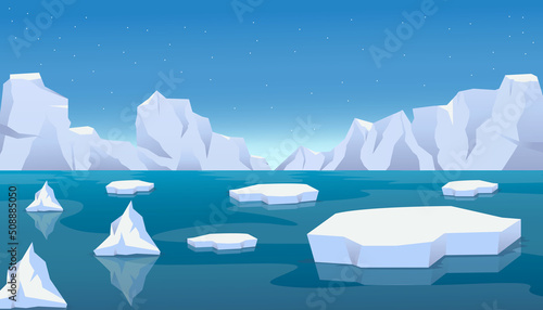 arctic ice landscape with a broken icebergs and floating ice on the sea. global warming effect
