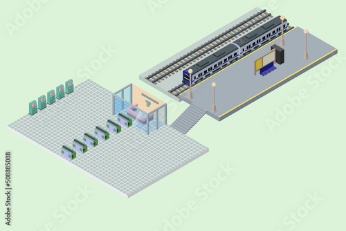 駅の券売機、改札、窓口から駅のホームまでをアイソメトリックで描いたイラスト、主線なし.