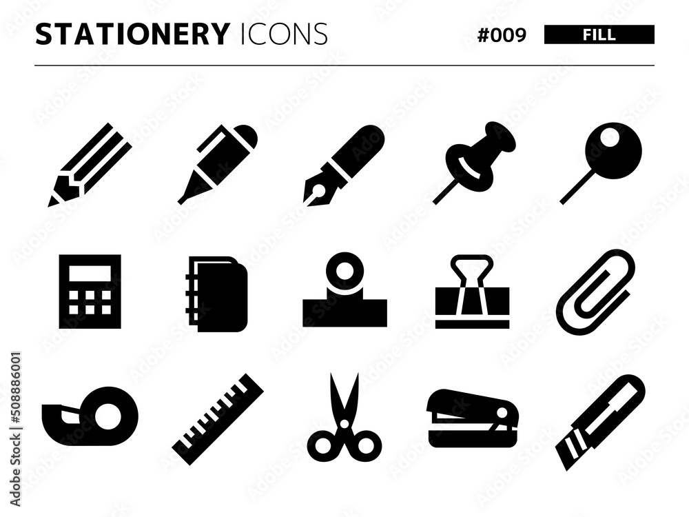 Obraz premium 文房具に関連する塗りつぶしスタイルのアイコンセット_009