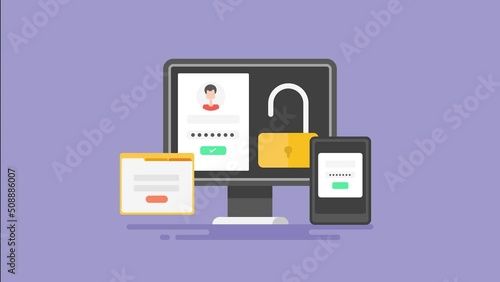 Data protection, user putting password to login page and getting easy access to online data on digital devices - cyber security concept 2d animation 4k video clip. photo