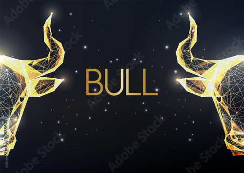 Futuristic strength, power, luxury concept with glowing low polygonal two bull heads on black 