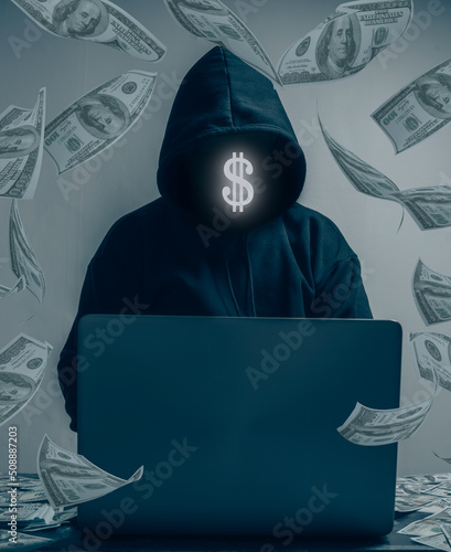 The hacker is wearing a black hoodie. They are stealing large amounts of financial information on computers and have a lot of falling dollar and lying on the table.
