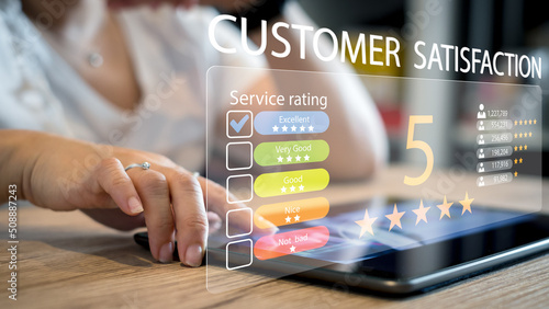Customer review satisfaction feedback survey opinion concept, give rating to service experience. Customer can evaluate quality of service. leading to reputation ranking of business. Marketing, client.