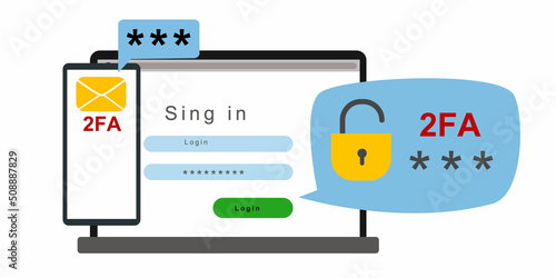 The concept of two-factor authentication security. Notification of login confirmation with a message in an envelope with a code. Lock icons in the laptop account. Vector illustration