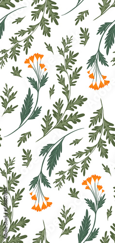 Seamless pattern with sagebrush and calendula flowers on stems with foliage on white background. Vector botanical floral texture. Fabric swatch photo