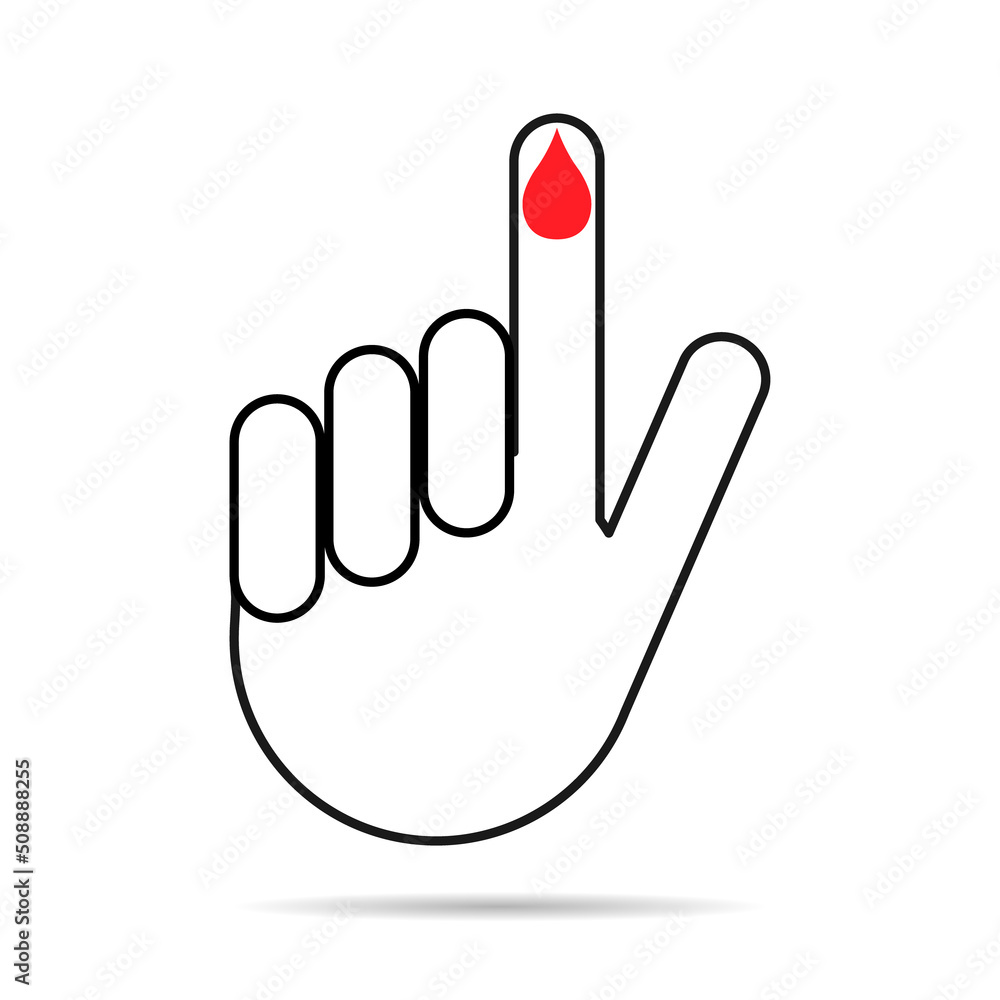 Hand finger with drop blood icon shadow, medical health test symbol, control measurement vector illustration Hand finger with drop blood icon shadow, medical health test symbol, control measurement vector illustration