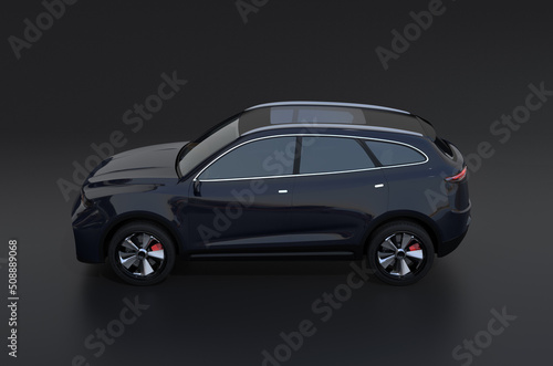 Side view of black electric SUV on black background. 3D rendering image. © chesky