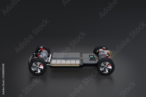Cutaway side view of SUV chassis equiped with electric vehicle battery pack on black background. 3D rendering image. photo