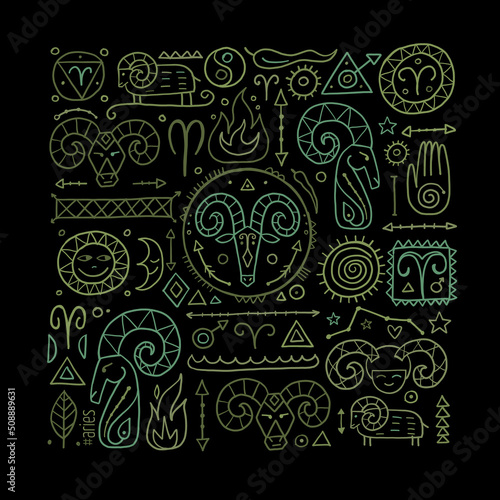 Illustration of Aries zodiac sign. Element of Fire. Design of Astrology Calen...