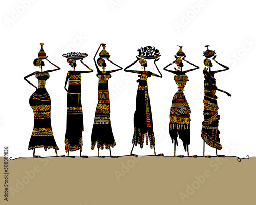 African women with jugs and food, wearing ethnic dresses. Art silhouette for ...