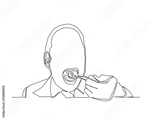 Continuousl ine of man opening his mouth eating food from his left hand vector.