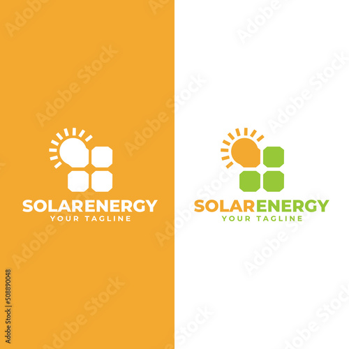 Sun solar energy logo design template. Solar panel and sun sign. Alternative natural power business emblem.
