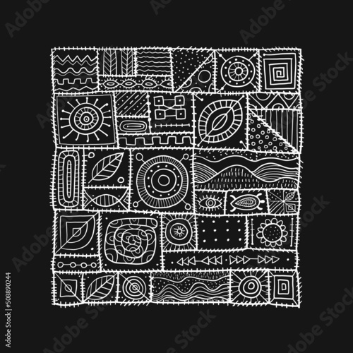 Sewn pieces of fabric in a patchwork style. Ethnic Ornament for your design.