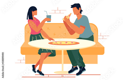 Man and woman eating pizza in Pizzeria cafe or fast food restaurant, flat vector illustration isolated on white background. Dating and leisure, spare time and weekend.